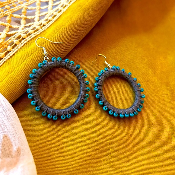 Crocheted Gray and Teal Earrings - Picture 2 of 5